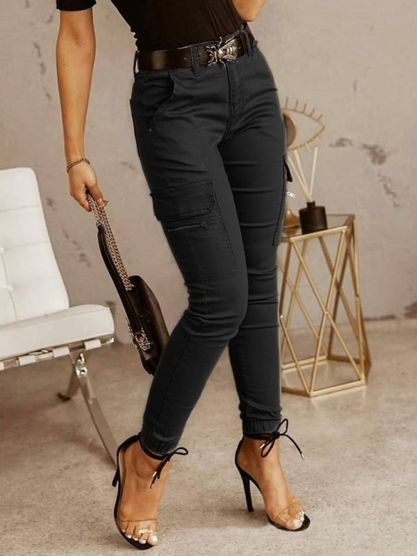 Women's Pants slim cargo elegant, zipped pockets, solid color, casual