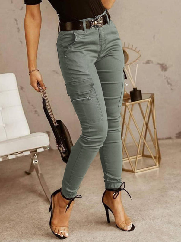 Women's Pants slim cargo elegant, zipped pockets, solid color, casual