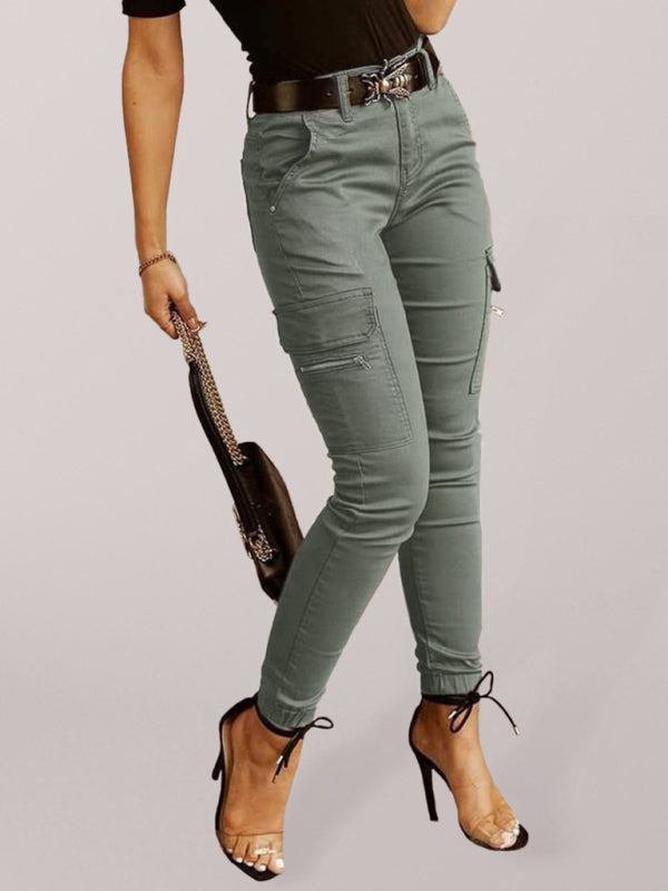 Women's Pants slim cargo elegant, zipped pockets, solid color, casual