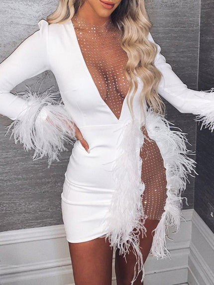 Women's Mini dress transparent elegant for nightclub, sexy with feathers