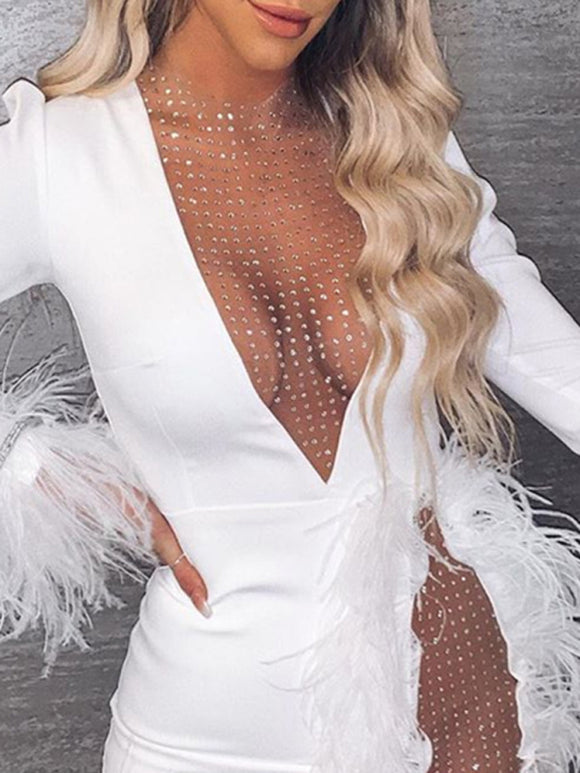 Women's Mini dress transparent elegant for nightclub, sexy with feathers