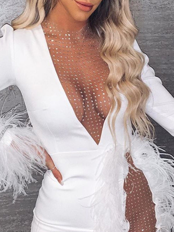 Women's Mini dress transparent elegant for nightclub, sexy with feathers