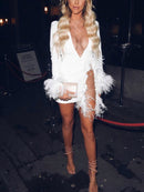 Women's Mini dress transparent elegant for nightclub, sexy with feathers
