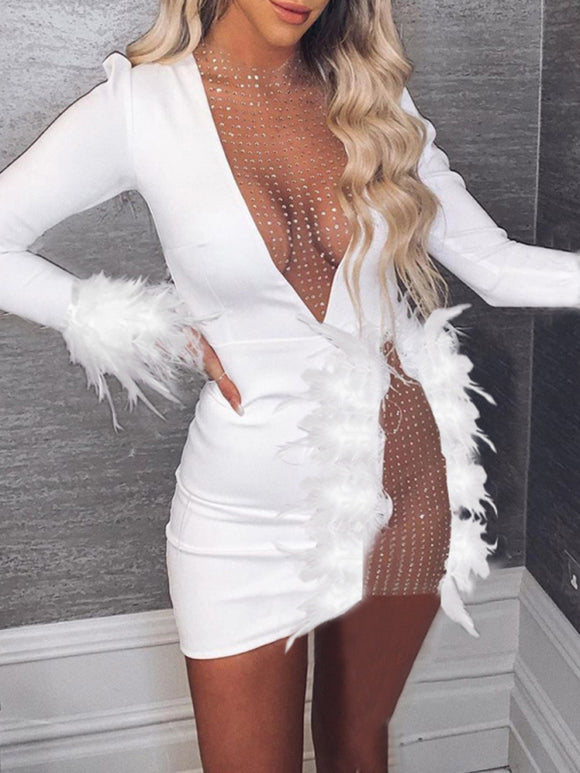 Women's Mini dress transparent elegant for nightclub, sexy with feathers