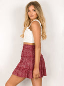 Women's Mini Skirt floral printed A-line with drawstring, elastic waist