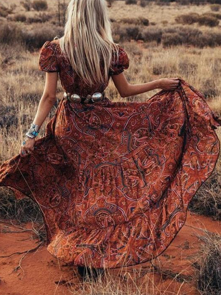 Women's Dress Bohemian Resort sexy printed short sleeve
