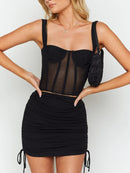 Women's Mini Skirt Black elastic adjustable thread with side drawstring