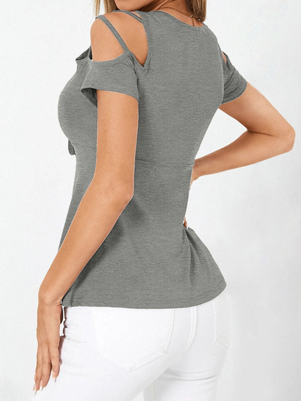 Women's T-Shirt V neck bow cross strap off shoulder short sleeve