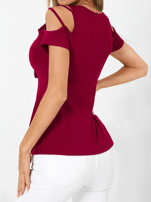 Women's T-Shirt V neck bow cross strap off shoulder short sleeve - 0