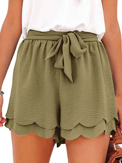 Buy green Women's Shorts layered elegant casual drawstring with belt