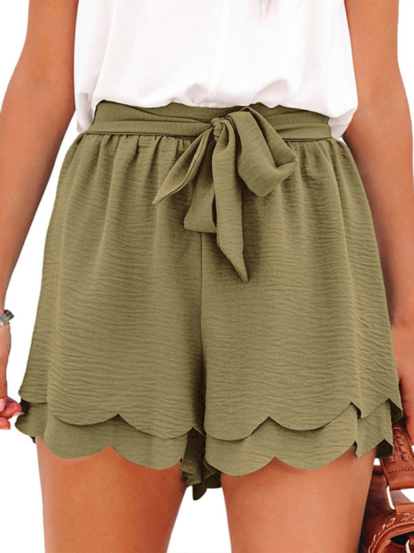 Comprar verde Pantalones cortos de mujer elegante en capas con cordón y cinturón