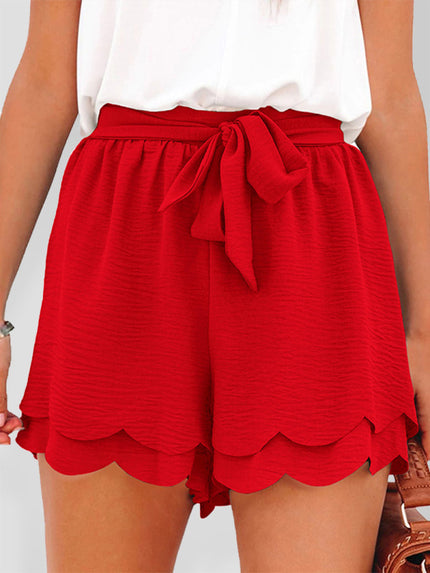 Buy red Women's Shorts layered elegant casual drawstring with belt