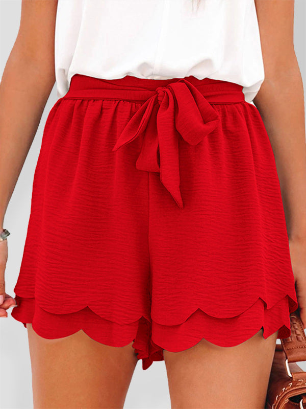 Comprar rojo Pantalones cortos de mujer elegante en capas con cordón y cinturón
