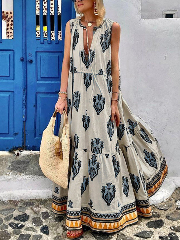 Women's Dress long elegant bohemian print, bow, beach, vintage