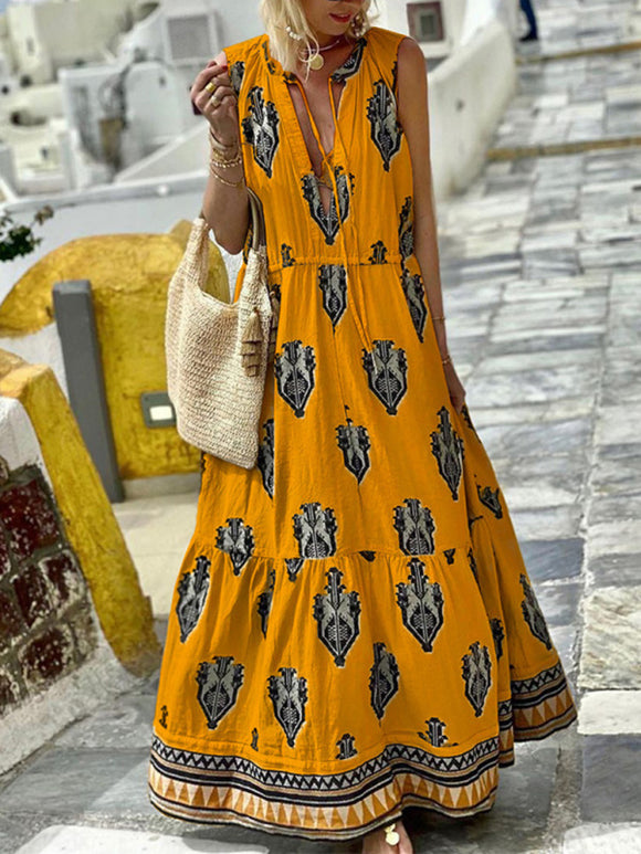 Women's Dress long elegant bohemian print, bow, beach, vintage