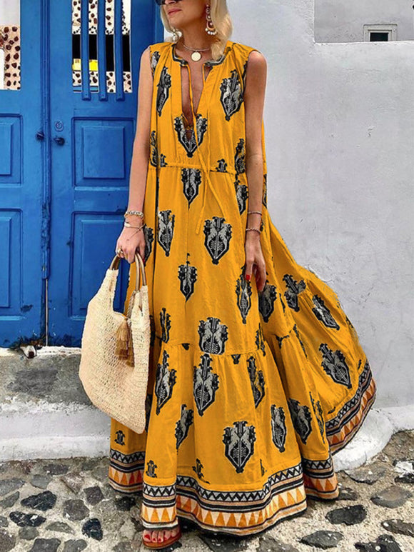 Women's Dress long elegant bohemian print, bow, beach, vintage