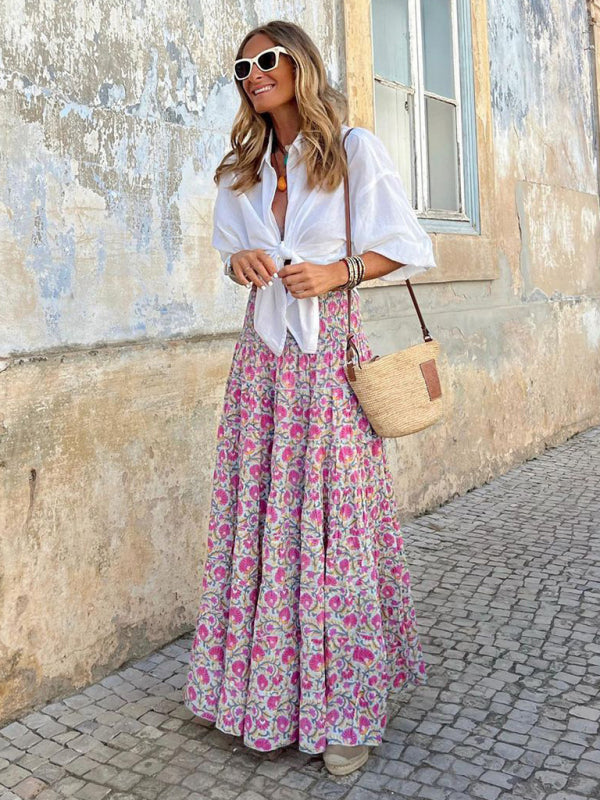 Women's Skirt long bohemian floral printed elegant, elastic waist, casual