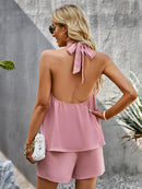 Set Women Two piece halter neck backless top and shorts, sleeveless