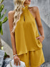 Set Women Two piece halter neck backless top and shorts, sleeveless