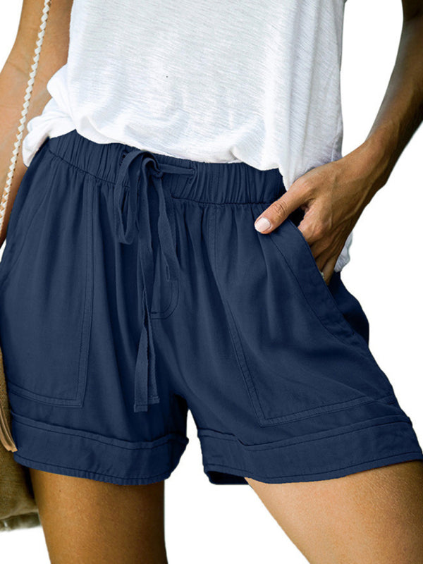 Buy purplish-blue-navy Women&#39;s Shorts with drawstring lace-up, high waist, loose with pockets