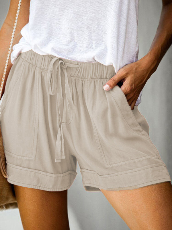 Buy khaki Women&#39;s Shorts with drawstring lace-up, high waist, loose with pockets