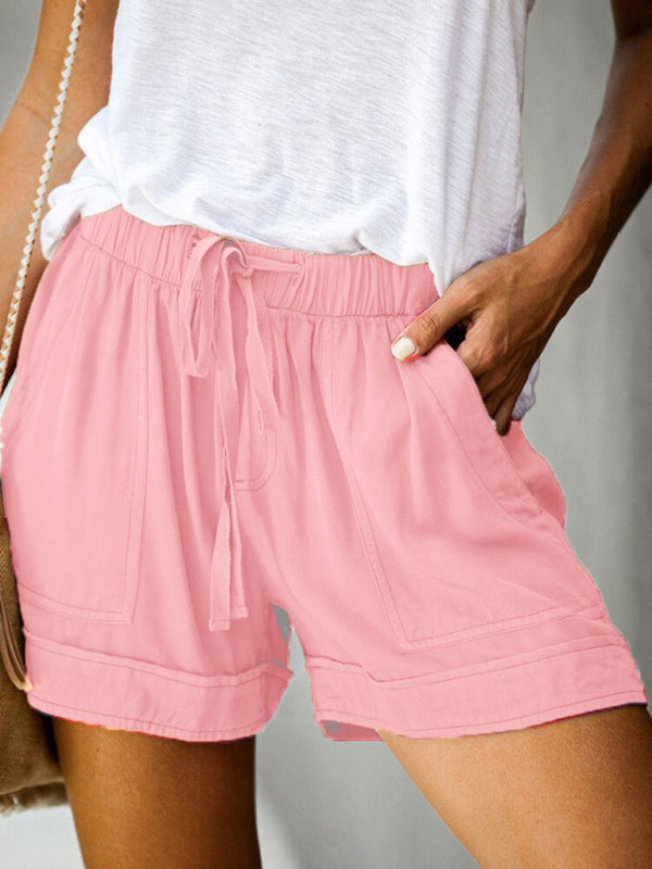 Buy lotus-root-pink Women&#39;s Shorts with drawstring lace-up, high waist, loose with pockets