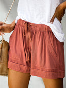 Women's Shorts with drawstring lace-up, high waist, loose with pockets-12