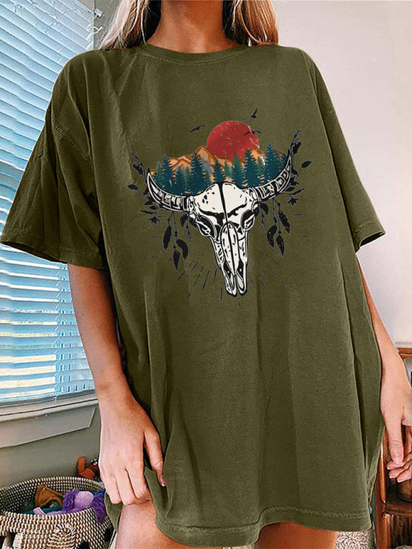 Women's T-shirt  short-sleeved Western Bullhead print elegant