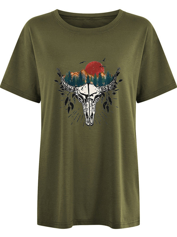 Women's T-shirt  short-sleeved Western Bullhead print elegant