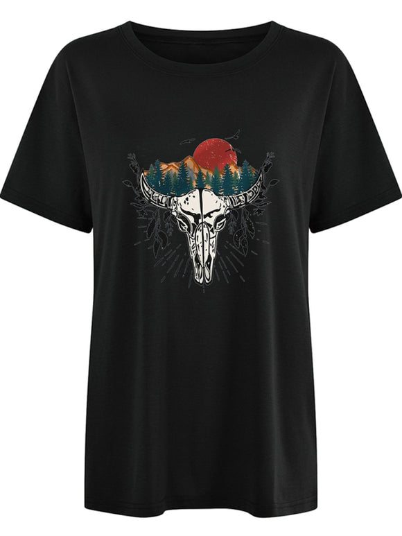 Women's T-shirt  short-sleeved Western Bullhead print elegant