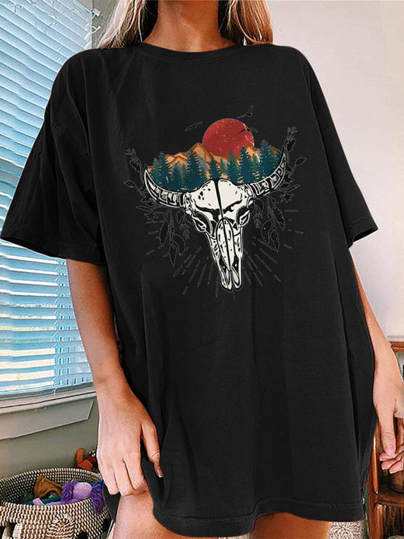 Women's T-shirt  short-sleeved Western Bullhead print elegant