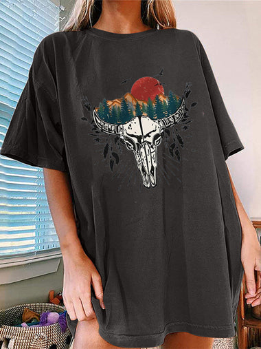 Women's T-shirt  short-sleeved Western Bullhead print elegant