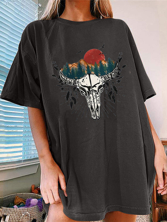 Women's T-shirt  short-sleeved Western Bullhead print elegant