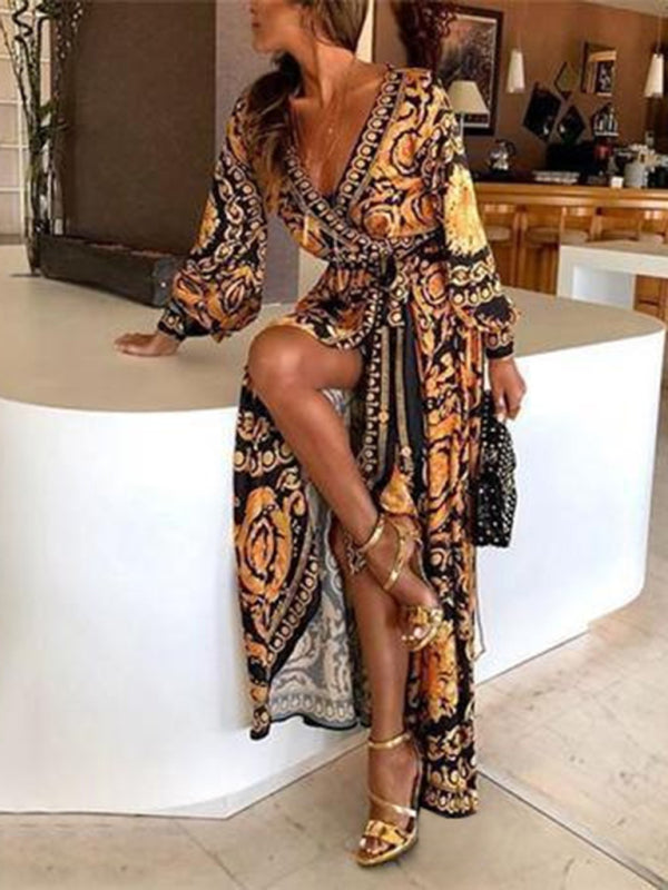 Women's dress Warp party elegant printed bohemian sexy maxi