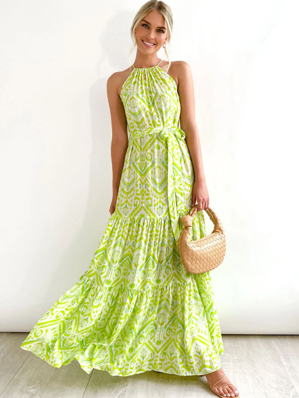Women's Dress Bohemian elegant, sleeveless halter neck, geometric print