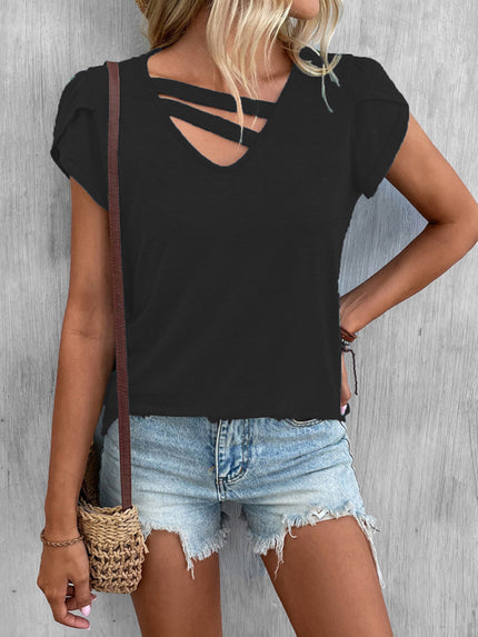Women's T-Shirt loose short petal sleeve, solid color, v-neck, casual