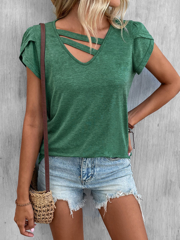 Women's T-Shirt loose short petal sleeve, solid color, v-neck, casual