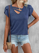Women's T-Shirt loose short petal sleeve, solid color, v-neck, casual