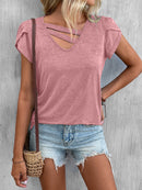 Women's T-Shirt loose short petal sleeve, solid color, v-neck, casual