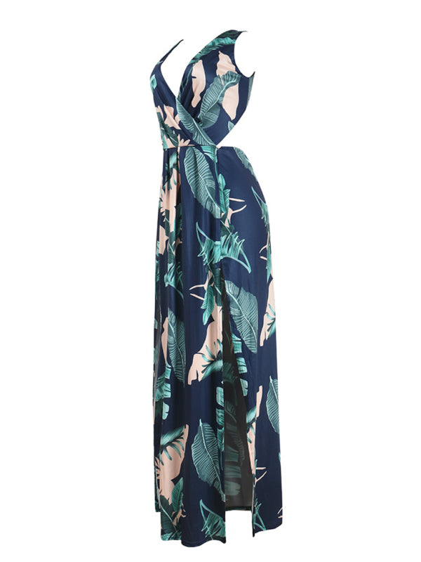 Women's Dress bohemian long beach, printed, sexy, neckline, high slit, split