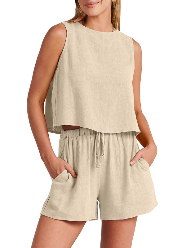 Set women's two piece cotton elegant, top and shorts, sleeveless, loose