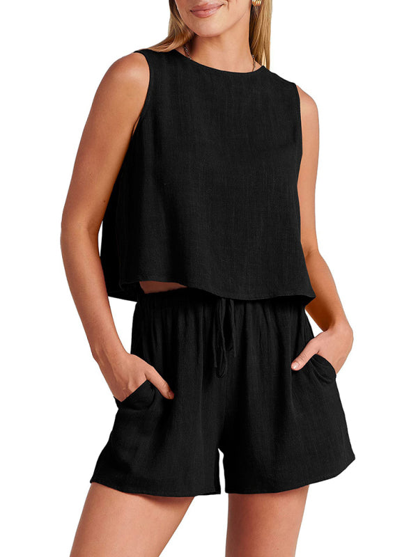 Set women's two piece cotton elegant, top and shorts, sleeveless, loose