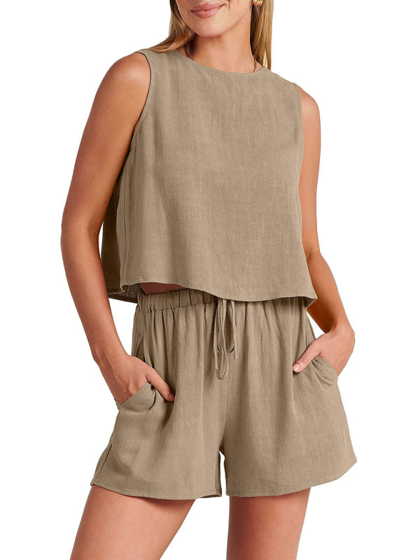 Set women's two piece cotton elegant, top and shorts, sleeveless, loose