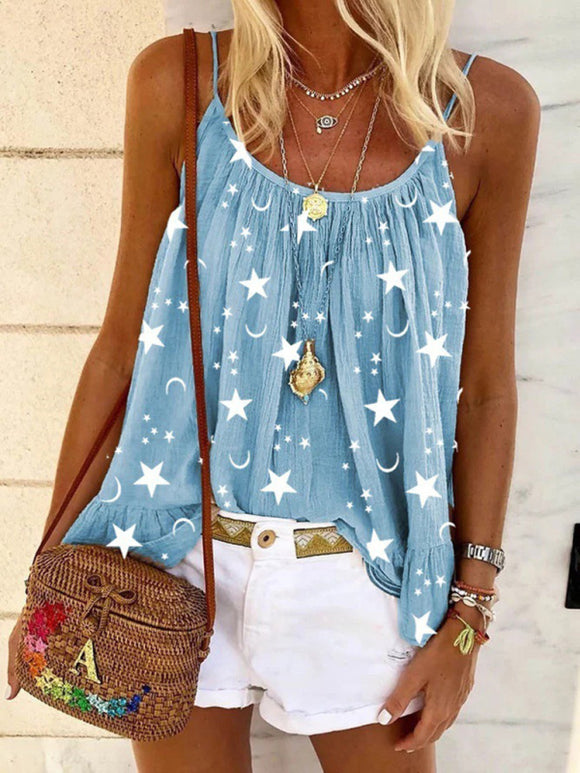 Women's top flared elegant strappy, star print, casual V-neck summer