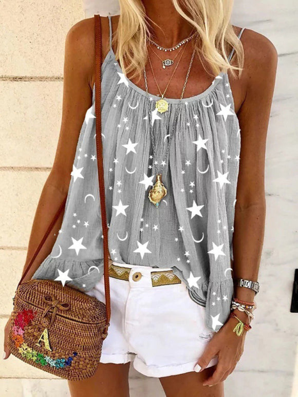 Women's top flared elegant strappy, star print, casual V-neck summer