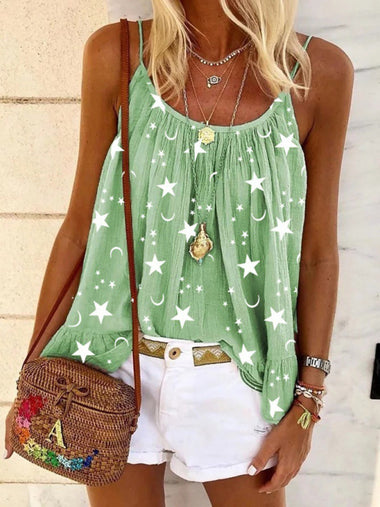 Women's top flared elegant strappy, star print, casual V-neck summer