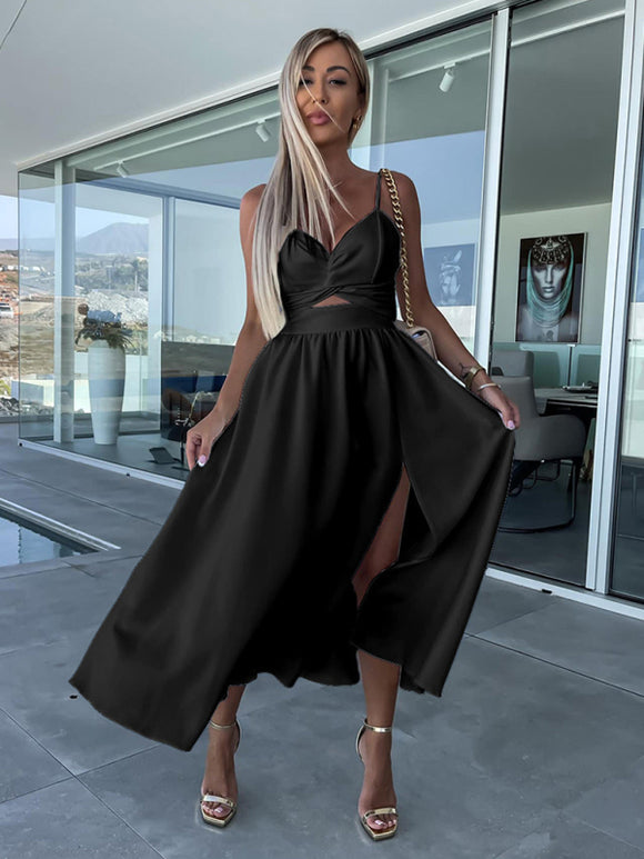 Women's Dress Evening Elegant Backless Cut Out Side Pocket Long Slit