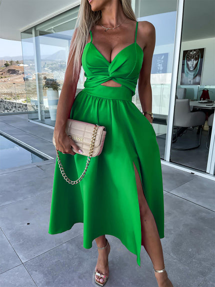 Women's Dress Evening Elegant Backless Cut Out Side Pocket Long Slit