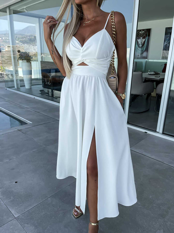 Women's dress evening backless cut out side pocket long slit elegant