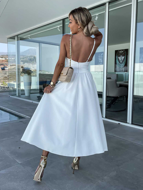 Women's dress evening backless cut out side pocket long slit elegant